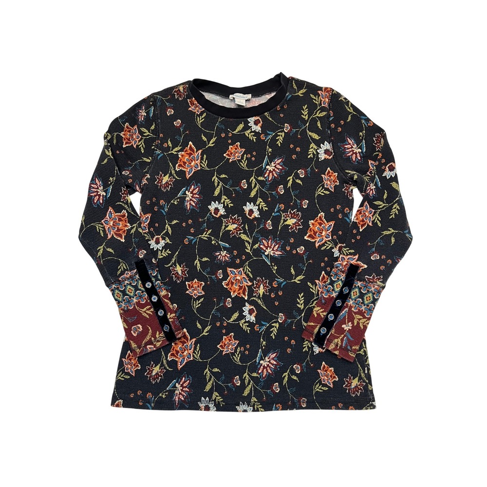 Sundance Floral Waffle Knit Long Sleeve Velvet Trim Bohemian Top Size M/L